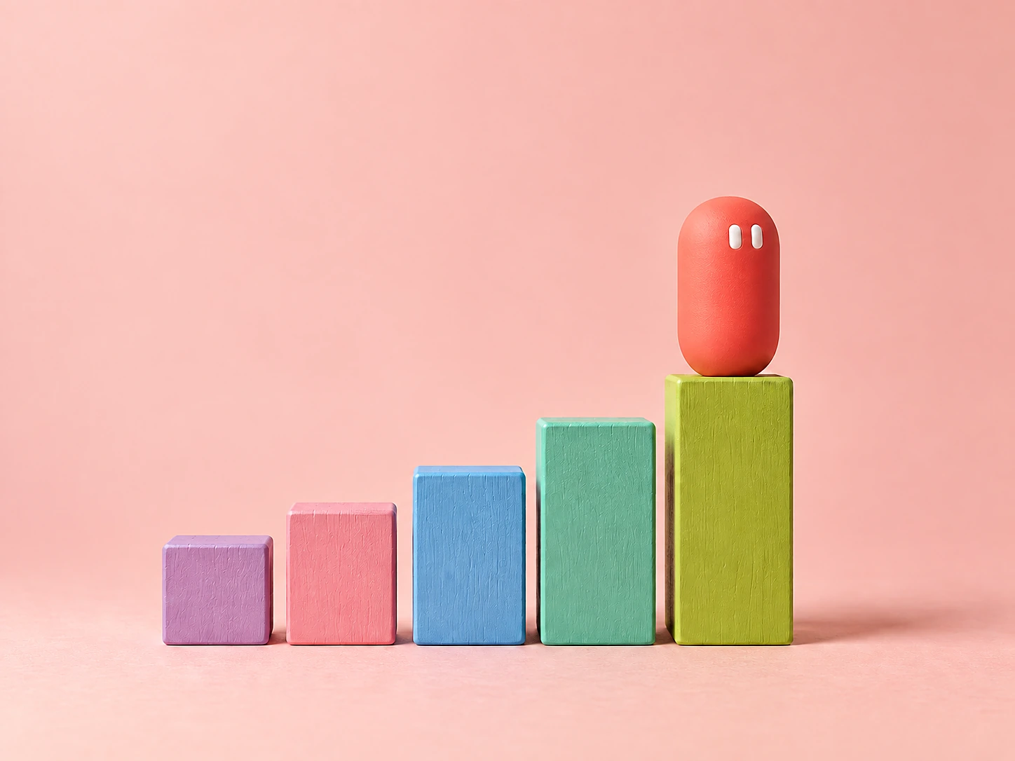 A coral pill standing on top of five blocks that grow like a bar chart.